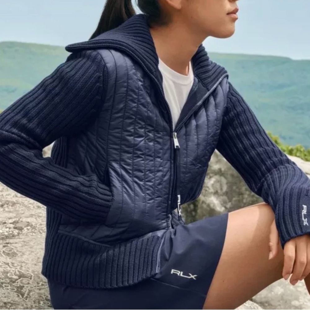 RLX Ralph Lauren Women Navy Hybrid Wool Funnelneck Jacket Golf XXS NEW 1837